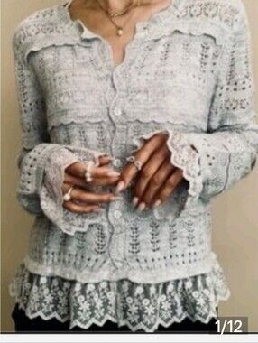 NWT! CAROLINE CONSTAS Lace-Trim Knit Cardigan in Light Gray. Size L